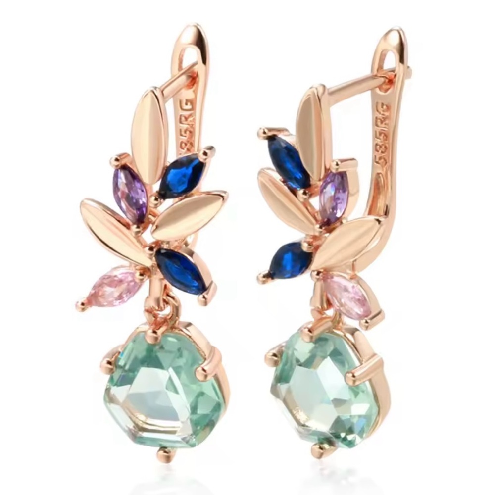 Green Natural Zirconia Pendant Rose Gold Earrings - Picture 6 of 7